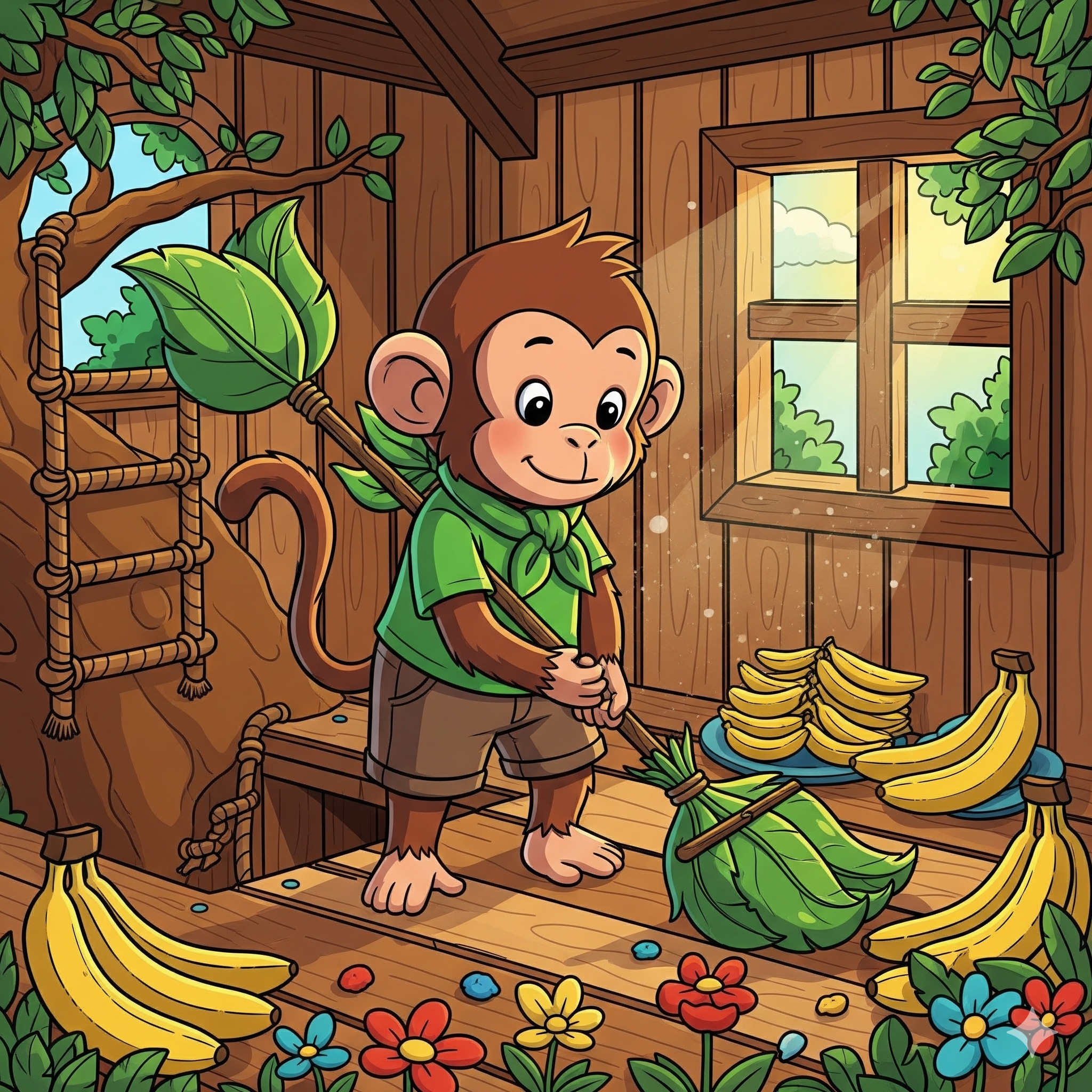 Koko in his tree house, sweeping with a small broom made of leaves, surrounded by neat piles of bananas and bright flowers